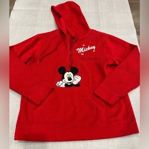 [M] DISNEY Fleeced Hoodie Mickey Mouse Pullover 1/4 Zip USA Cartoon Vintage Red
